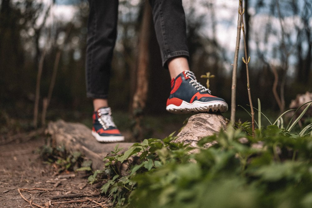 Eine Person in schwarzer Hose und den als Barfußschuh gefertigten TREQ Red Waterproof Sneakers von ZAQQ tritt im Wald auf einen umgestürzten Baumstamm. Grüne Pflanzen umgeben den Baumstamm, im unscharfen Hintergrund sind Bäume zu erkennen.